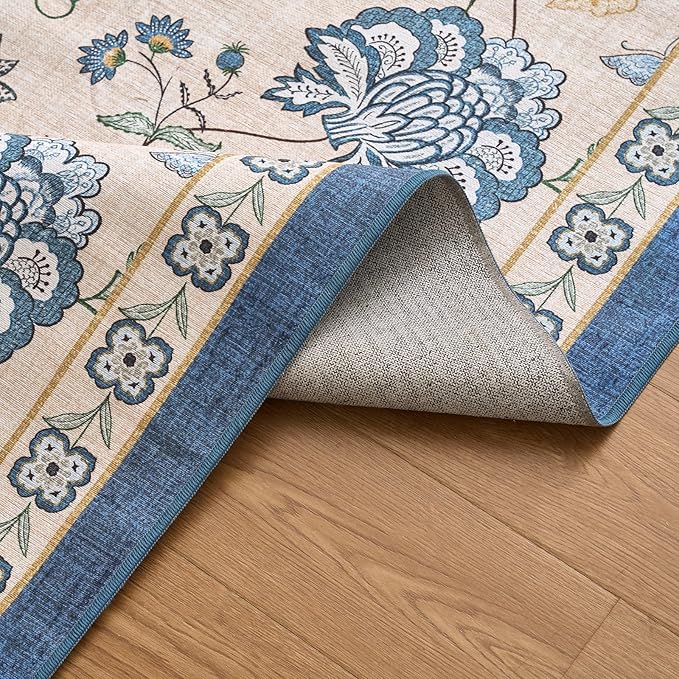 jinchan 8x10 Floral Rug for Living Room Washable Bedroom Rug Vintage Romance Design Non Slip Thin Indoor Floor Cover Large Low-Profile Throw Carpet for Dining Room Office, Blue/Beige