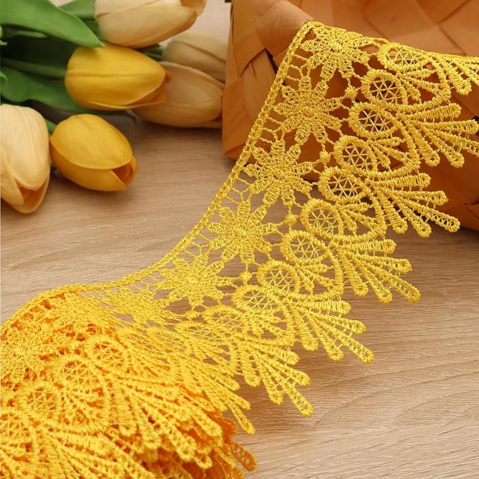 GXTIZAS Yellow Lace Trim 5 Yards Wide Venise Lace Ribbon Embroidered Edge Trim for Sewing Crafts Pillow Case
