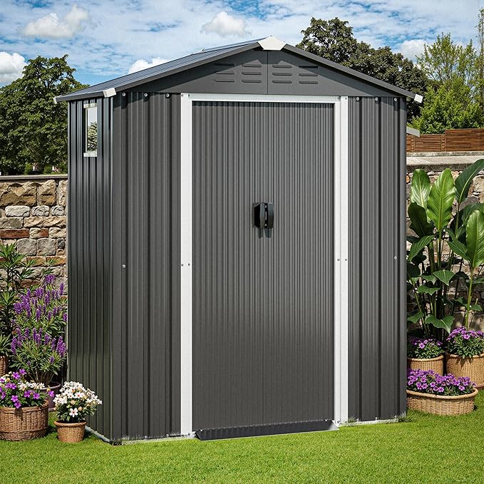 JY QAQA 5x3 FT Metal Outdoor Garden Storage Shed, Waterproof Metal Garden Sheds with Window and Lockable Double Door, Weather Resistant Steel Tool Storage House Shed for Patio, Lawn Gray