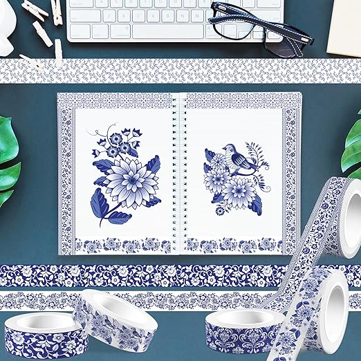 12 Pcs blue and white porcelain Washi Tape Maple Leaf Print Masking Tape Pumpkin Pattern Decorative Paper Sticker for Fall Party Holiday Scrapbook DIY Craft Gift Wrapping Handbook Sticker