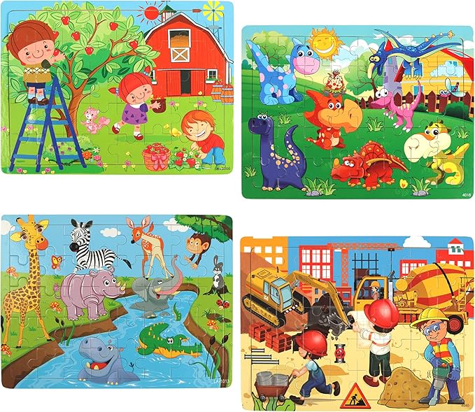 SYNARRY Puzzles for Kids Ages 4-8, 4 Pack Wooden Jigsaw Puzzles for Kids Ages 3-5 Years Old 40 Pieces, Preschool Puzzle Toy Gift for Children Boys and Girls, Farm Dinosaur Animal Construction Theme