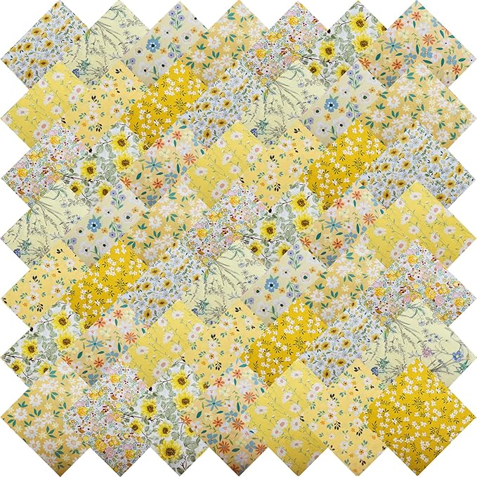 HANPATQUI 50PCS 8 x 8 inch Yellow Printed 100% Cotton Fat Quarters Fabric for Sewing and Quilting Bundles Precut Fabric Square for DIY Craft Patchwork