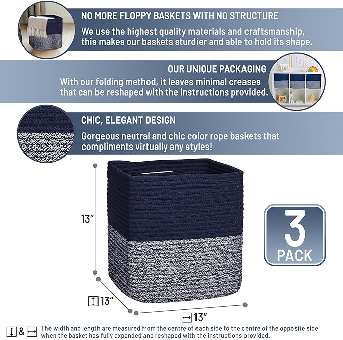 NaturalCozy 13 Inch Cube Storage Bins Cotton Rope Woven Baskets for Organizing 3-Pack | 13 x 13 Storage Cubes | Fabric Square Storage Baskets for Shelves Organizer, Kids Toy Bins, Closet Baby Nursery