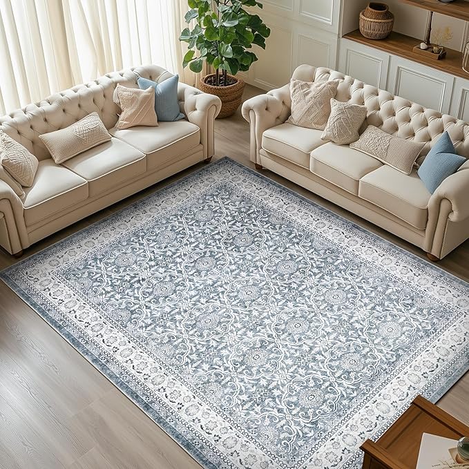 jinchan Floral 8x10 Area Rugs for Living Room - Machine Washable Vintage Distressed Boho Design Throw Rug Stain Resistant Carpet Low-Pile Thin Non-Slip for Bedroom Dining Room Nursery (8‘x10',Grey)