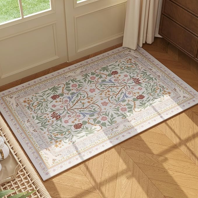 Door Mat Indoor Entrance 2x3 Rug Machine Washable Vintage Floral Botanical Small Area Rug Non-Slip Low Pile Throw Rugs for Entryway, Kitchen, Front Door Entrance, Entry, Kids Room, Beige