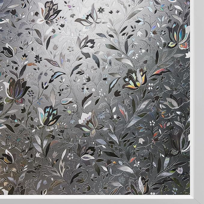 Kromapolis Window Film, Window Privacy Film Frosted, Vinyl Glass Covering, Stained Glass Decorative Film, Static Window Clings, Non-Adhesive (Grayish Black, 35.4 x 157.4 inch)