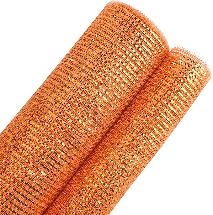 MEEDEE Orange Deco Mesh 10 Inch Deluxe Wide Foil Fall Deco Mesh Metallic Mesh Fabric Halloween Mesh Ribbon for Wreaths, Garland, Christmas Tree, Gift Wrapping, Bows Making (30 Feet)