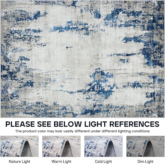 9x12 Area Rugs for Living Room Rug Washable: Modern Large Rug for Dining Room Bedroom Carpet Non Slip 9 by 12 Indoor Abstract Nursery Home Office Blue White