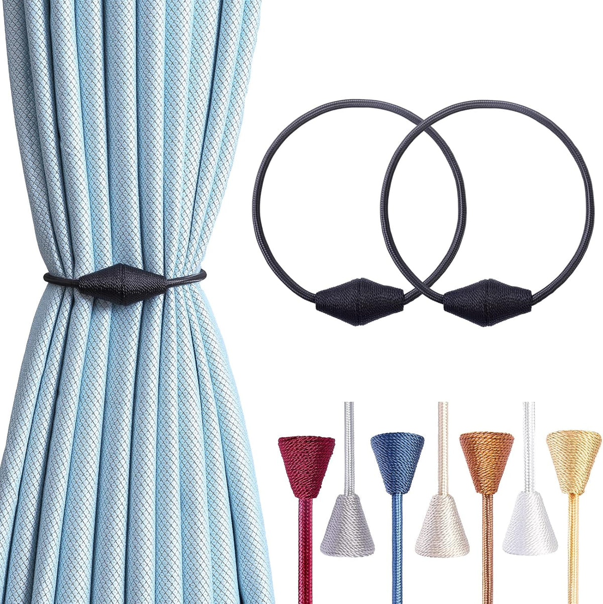2 PCS Magnetic Curtain Tiebacks, European Style Convenient Drape Tie Backs Holdbacks for Thin or Thick Home & Office Window Draperies, No Tools Required-Black