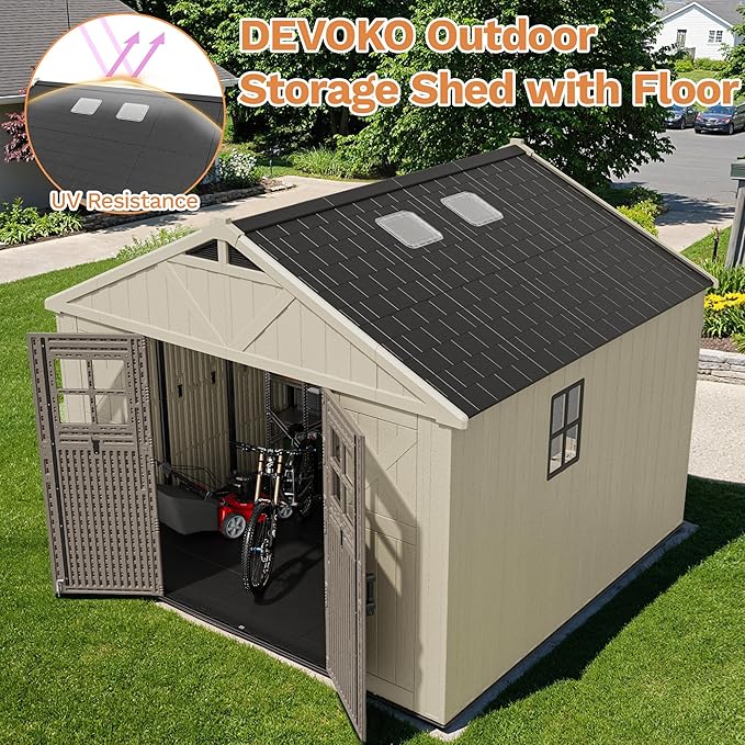 Devoko 10 x 10 FT Plastic Outdoor Storage Shed with Windows, Resin Tools Shed with Floor Large Storage Garden Shed for Patio,Garden, Backyard, Lawn, Beige