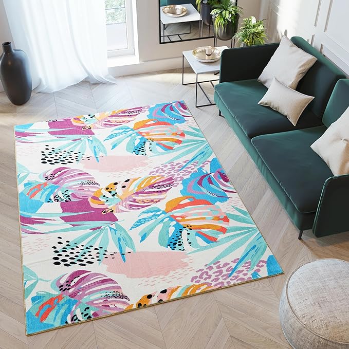 RoomTalks Tropical Leaves Washable Rug, Colorful Pink Blue Boho Cute Floral Aesthetic 4x6 Area Rugs for Bedroom Dorm Living Room Kitchen, Modern Abstract Art Palm Leaf Thin Indoor Entryway Carpet