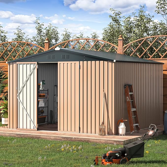 AECOJOY 10'x10' Outdoor Storage Shed, Large Metal Sheds & Outdoor Storage Clearance Steel Yard Shed with Lockable Doors, Utility and Tool Storage Garden Sheds for Barkyard, Patio and Outside Use