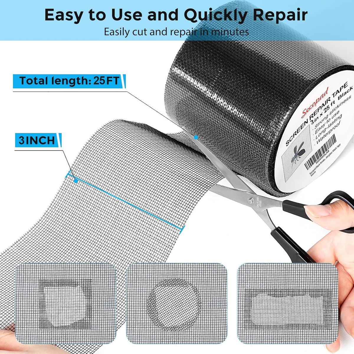 Black Window Screen Repair Tape, 3IN X 25FT (300IN) Screen Repair Kit for Windows or Doors, Strong Adhesive Patch Kit Fiberglass Mesh Tape