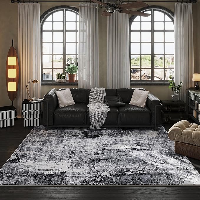 6x9 Rug Washable Bedroom Rug Large Soft Area Rug Abstract Pattern Non-Slip Faux Wool Vintage Rug for Living Room, Farmhouse, Dining Room, Kids Playroom, Grey and Black