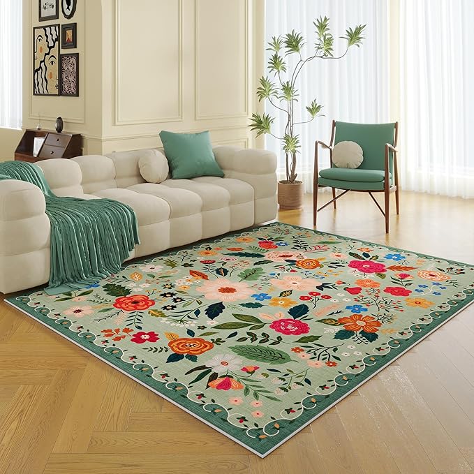 Rugcomf Living Room Rug 5x7 Rug Machine Washable Boho Area Rug Non Slip Floral Vintage Low Pile Large Rugs for Living Room, Bedroom, Farmhouse, Dining Room, Kids Playroom(Green)