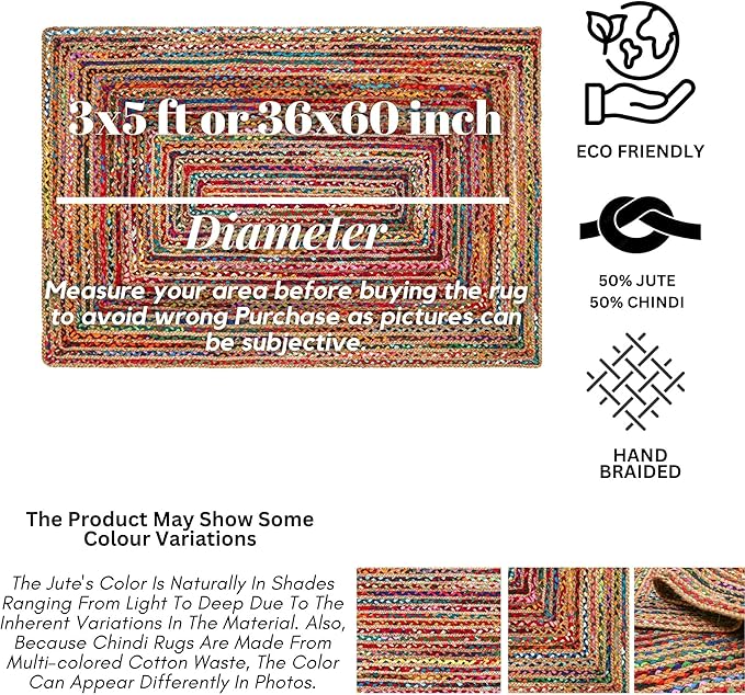 3'x5' Handwoven Jute Chindi Area Rug - Colorful Boho Rugs for Living Room - Hand Braided Multicolor Bohemian Rug for Farmhouse, Bedroom, Dining Room, Classroom, Hallway, Kitchen, Office