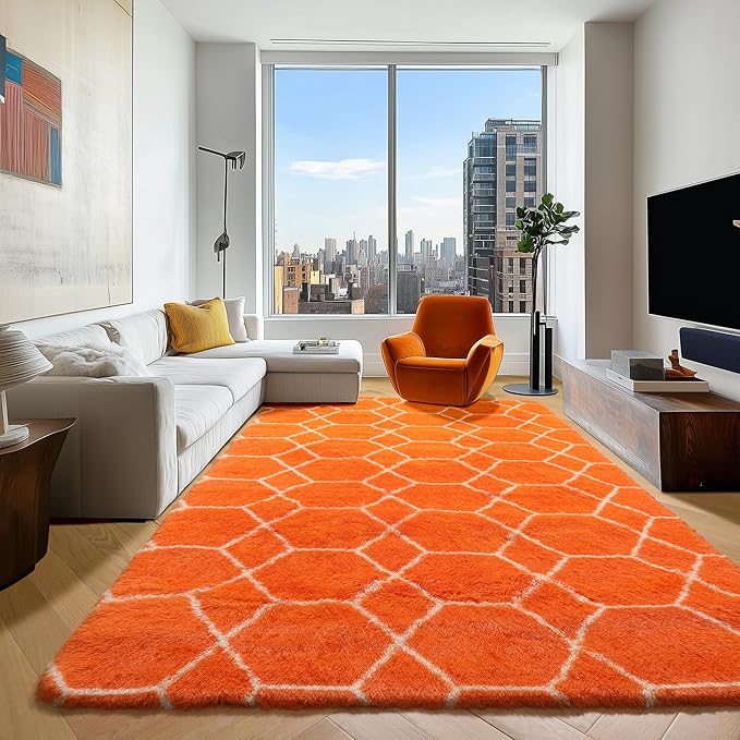 ONASAR Rugs for Living Room Bedroom, 5x8 Washable Fluffy Orange and White Area Rug, Geometric Boho Soft Plush Shaggy Fuzzy Floor Carpet for Nursery Kids Girls Boys Teen Dorm Home Decor Aesthetic