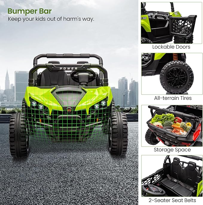 24V 2 Seater Ride On Car Truck, Power Wheels Kids UTV w/Parent Remote Control, 3.1 MPH Max Speed, Music Player, LED Lights & Storage, Electric Vehicle Ride On Toy for Kids Toddler Ages 3-8, Green