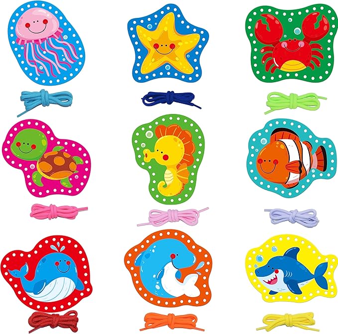 9 Pieces Kids Lacing Cards, Double Sided Sewing Cards in 9 Marine Animal Cards with 9 Colorful Laces, Imagination Development Lacing Toys Games for Children Educational and Learning Activity
