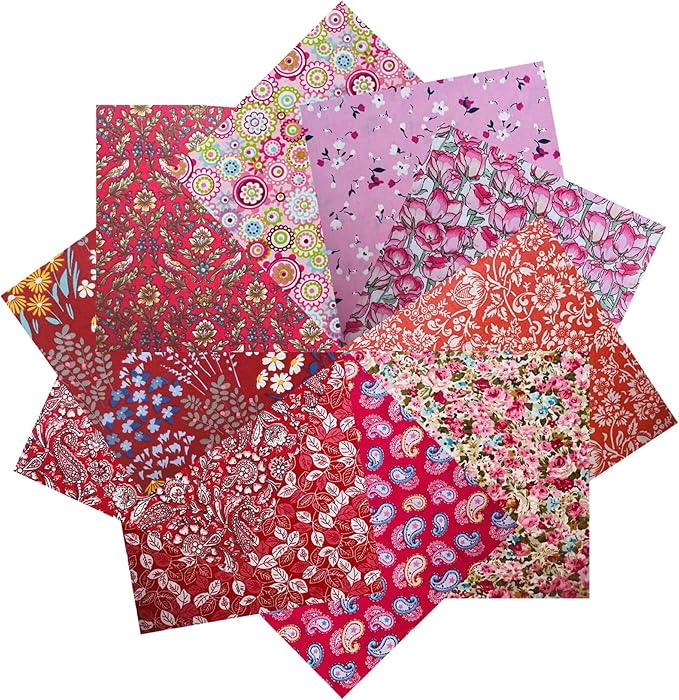 HANPATQUI 50PCS 10 x 10 inch Red Printed 100% Cotton Fat Quarters Fabric for Sewing and Quilting Bundles Precut Fabric Square for DIY Craft Patchwork