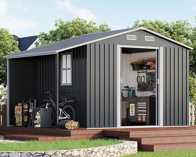 AMERLIFE 10.6x6.8x6.3 FT Galvanized Metal Storage Shed with Open Firewood Bay, Sliding Doors & Ramp, 2 Windows & Vents, Weather-Resistant Outdoor Tool/Garden Shed, Dark Gray