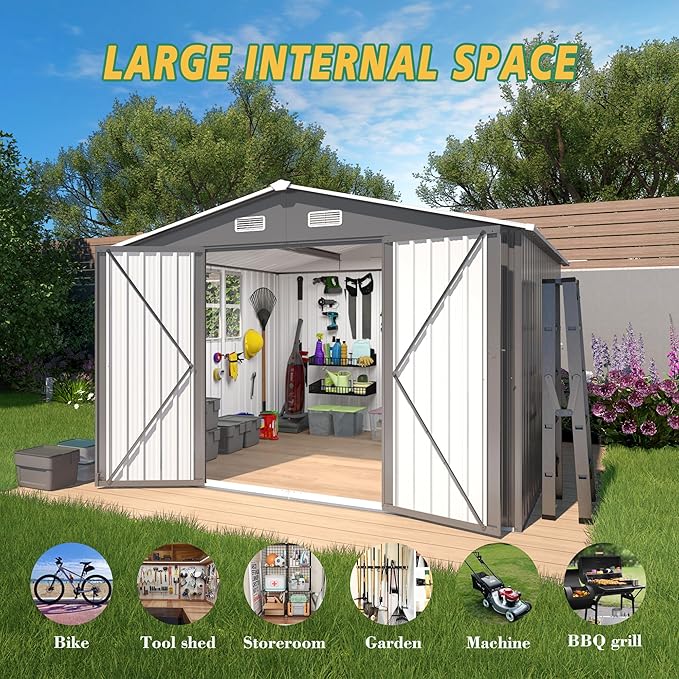 10x8x6.4FT Outdoor Storage Shed, Galvanized Steel Garden Shed with Lockable Door & Window, Waterproof Metal Tool Storage for Garden, Backyard, Patio, Lawn(Grey)