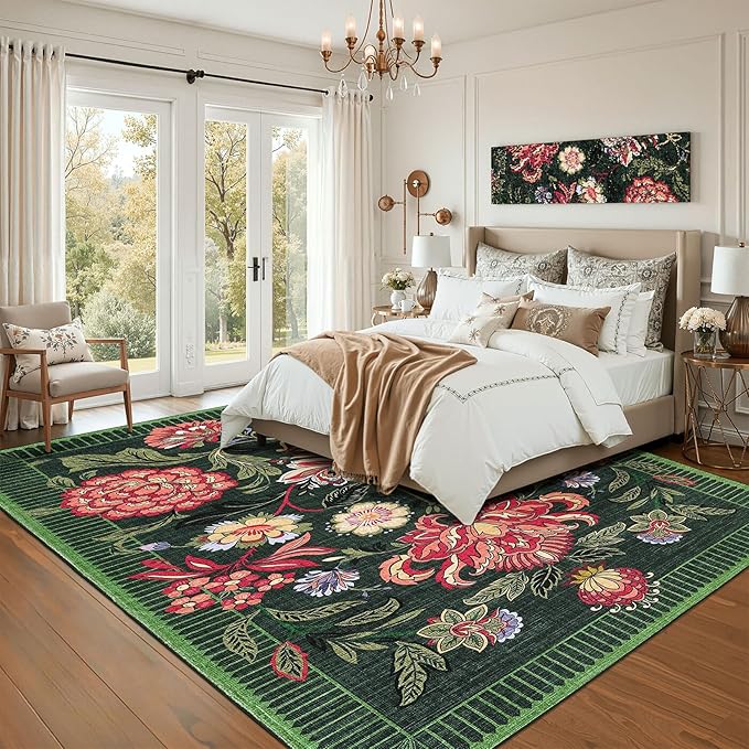 GarveeHome Forest Green Floral Botanical Washable 9x12 Rug for Living Room Soft Vintage Boho Cottage Large Rugs Low-Pile Carpet for Bedroom Dining Nursery Rug