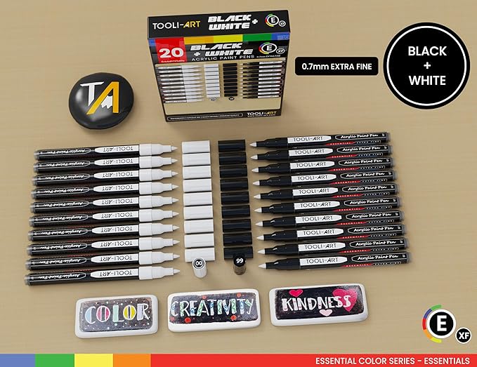 TOOLI-ART Black And White Acrylic Paint Markers Paint Pens Set For Rock Painting, Canvas, Mugs, Metal, Glass Paint, Fabric, Wood, DIY. Non Toxic, Quick Dry,Waterbas (EXTRA FINE)