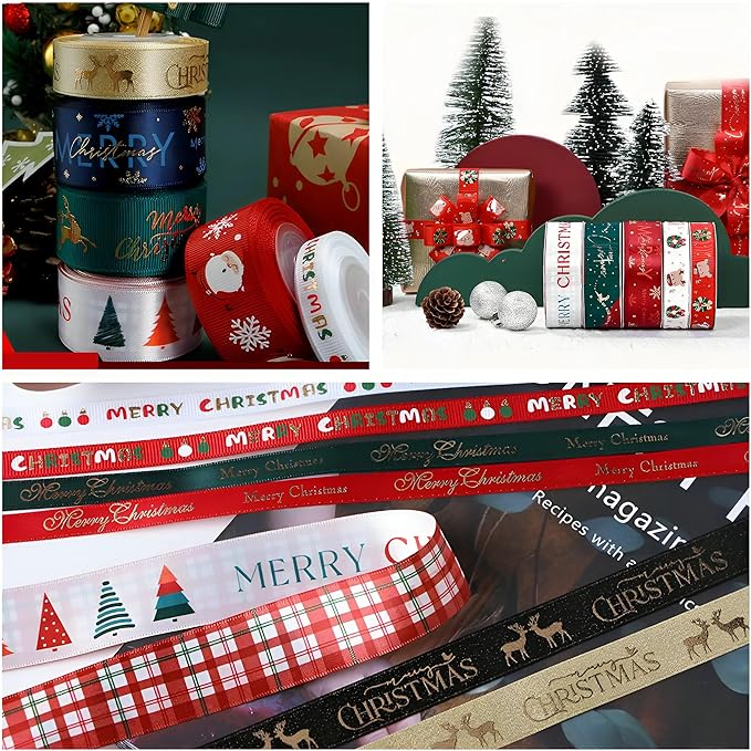 Christmas Gift Wrapping Ribbon, Red, Green, 2 Rolls Printed Grosgrain Ribbons for Crafts, Floral Bouquets, Sewing, Party and Festive Holiday Decor (2 Rolls(White/Red), 1 Rolls=5/8in * 5Yards)