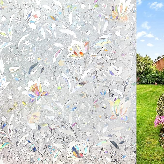 NINETREX Window Privacy Film,3D Stained Glass Window Film,Decorative Window Covering Sun Blocking Vinyl Static Cling Anti-UV Heat Control for Home Decor,Tulip 29.5 x 78.7inch