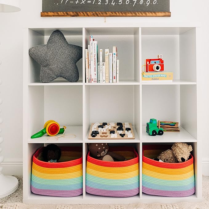 OrganiHaus 3-Pack Rope Rainbow Storage Baskets for Shelves | for Classroom and Nursery | Storage Bins & Toy Organizer for Baby Room