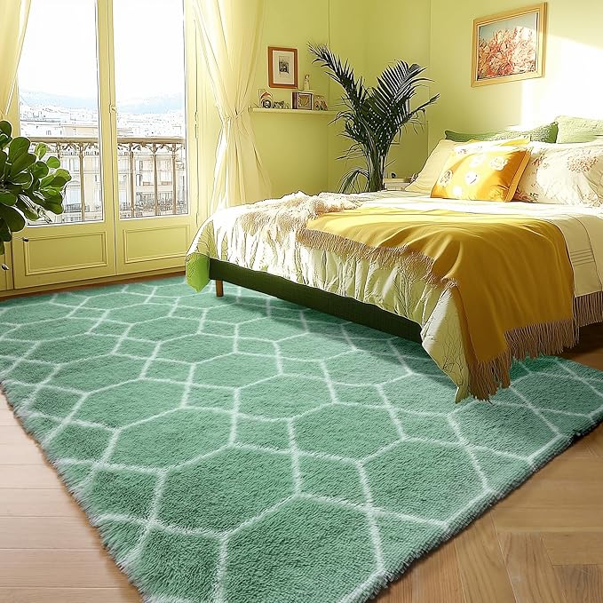 ONASAR Area Rugs for Bedroom Living Room, Washable 4x6 Fluffy Sage Green and White Throw Rug, Shaggy Geometric Floor Mat for Home Decor Aesthetic, Soft Plush Fuzzy Carpet for Nursery Kids Teen Dorm