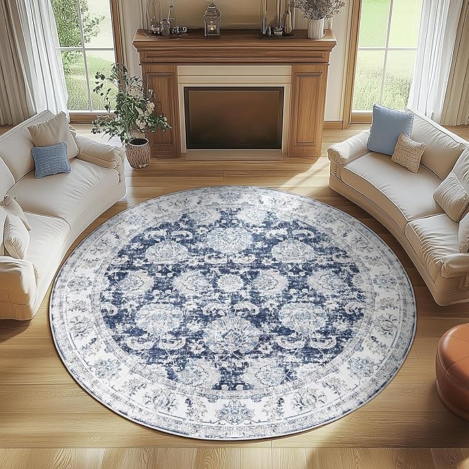 jinchan Round Rug 8ft Area Rugs Vintage Floral Distressed Design Machine Washable Non-Slip Low-Pile Ultra-Thin Circle Rug for Living Room Dining Room Bedroom Home Office Farmhouse (8' Round,Dark Blue)