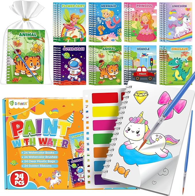 D-FantiX 24 Pack Paint with Water Coloring Books for Kids Ages 4-8-12, Birthday Party Favors Bulk Gifts Goodie Bag Stuffers, Arts and Crafts Classroom Prizes Rewards, Back to School Gifts for Students