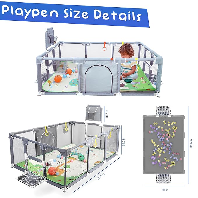 Upgrated Baby Playpen with Mat, Playpen for Babies and Toddlers, Large Playpen with Mat, Sport Playpen, Play Pen with Accessories, Baby Fence, PlayPen Indoor & Outdoor Activity, Sturdy Kids