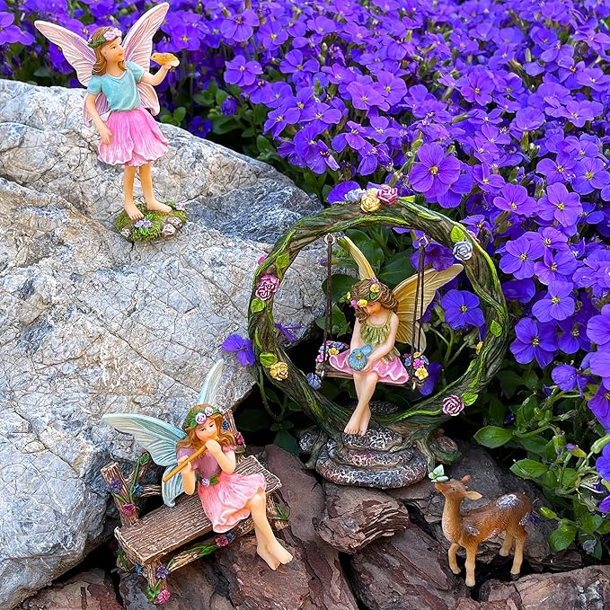 Mood Lab Fairy Garden Kit - Swing Set of 6 pcs Miniature Figurines & Accessories - Hand Painted for Outdoor or House Decor
