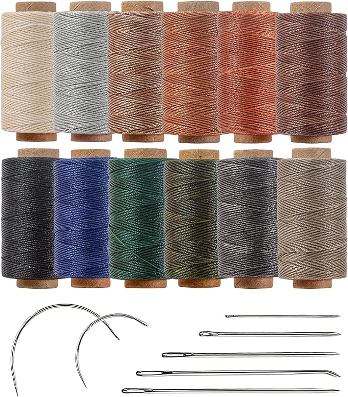 Round Waxed Thread 0.45mm 12 Neutral Colors, Thin Cord Wax Coated 3 Ply Polyester Strings 115 Yards/Spool for Leather Upholstery Sewing, Stitching, Bookbinding, Beading, Macrame Braiding