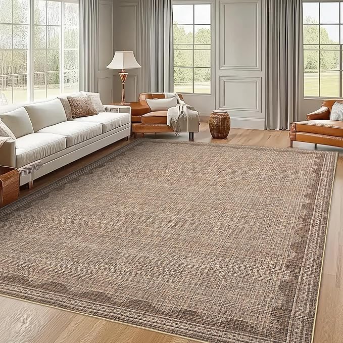 Scalloped Washable Rug 9x12 Area Rugs for Living Room, Solid Tan Rug for Bedroom Girls, Non Slip Throw Mat with Rubber Back, Soft Dorm Nursery 9x12 Carpet for Dining Room