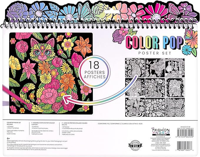 Fashion Angels Color Pop Poster Set, Includes 18 Posters & 8 Brush Tip Markers for Kids, Tweens & Teens, Perfect for Arts & Crafts, Coloring & DIY Room Decor