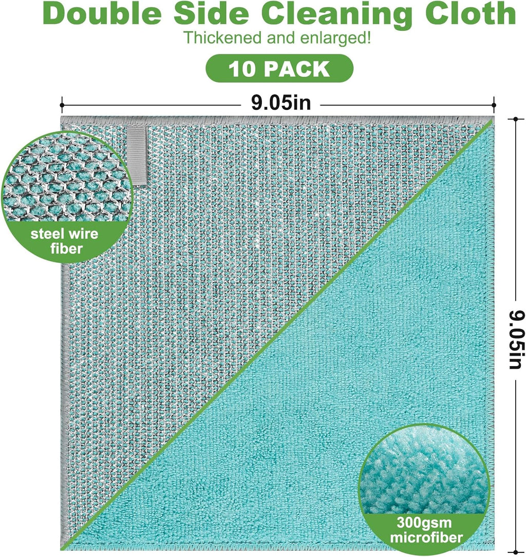 10counts Non Scratch Wire Dishcloth Multipurpose Wire Dishwashing Rag for Washing Dishes,Double Layer Microfiber Cleaning Cloth,Reusable Diamond Weave Steel Wool Scrubber Cloths,Blue