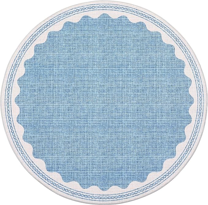 Scalloped Round Rug 6ft, Small Area Rugs Solid Blue Rug for Bedroom Girls, Washable Rugs for Living Room, Non Slip Scalloped Round Bath Mat, Soft Dorm Nursery Carpet for Bedside