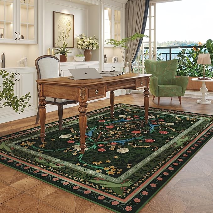 5x7 Washable Rug Vintage Floral Botanical Area Rug Non Slip Low Pile Large Rugs for Living Room, Bedroom, Farmhouse, Dining Room, Kids Playroom, Green