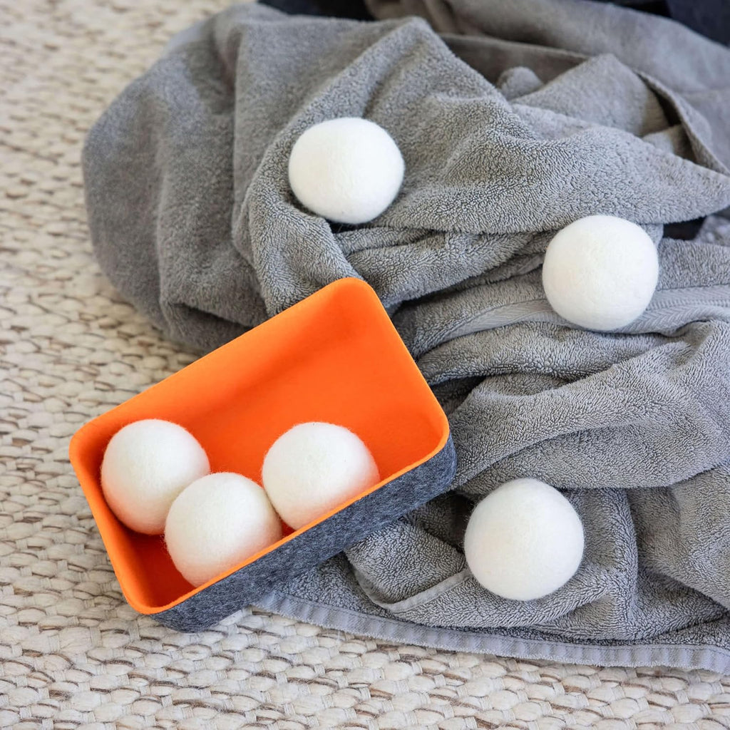 Three by Three Seattle Felt·Like·it!™ Wool Dryer Balls + Storage Bin: Reduce Drying Time, Static Cling, and Energy Use | Natural Alternative to Fabric Softeners (Pack of 6)