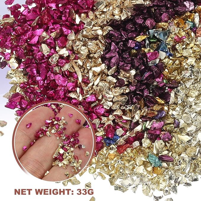 uxcell 6 Colors Crushed Glass Chips, 1-3mm Irregular Glitter Metallic Glass Broken Glasses Pieces with Laser Bag for Craft DIY Vase Epoxy Halloween Decoration 33g, Multicolored