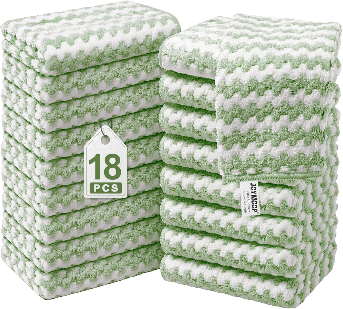 JOYMOOP Microfiber Cleaning Cloths – 18 Pack, 10" x 10", Green – Reusable, Lint-Free, Super Absorbent Towels for Kitchen, Car, and Household Cleaning