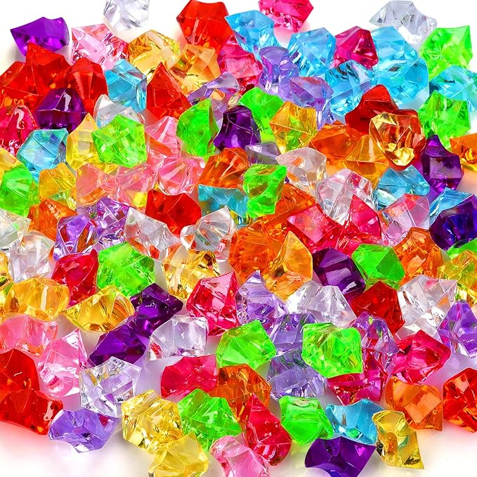 180-190pcs Premium Multicolored Fake Crushed Ice Rock Plastic Gems Jewels Acrylic Ice Rock Crystals Treasure Fake Diamonds Plastic Ice Cubes for Kids Toy Decoration Wedding Display Vase Fillers Crafts