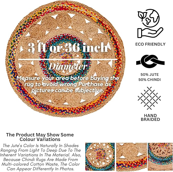3' Round Handwoven Jute Chindi Area Rug - Colorful Boho Rugs for Living Room - Hand Braided Multicolor Bohemian Rug for Farmhouse, Bedroom, Dining Room, Classroom, Hallway, Kitchen, Office