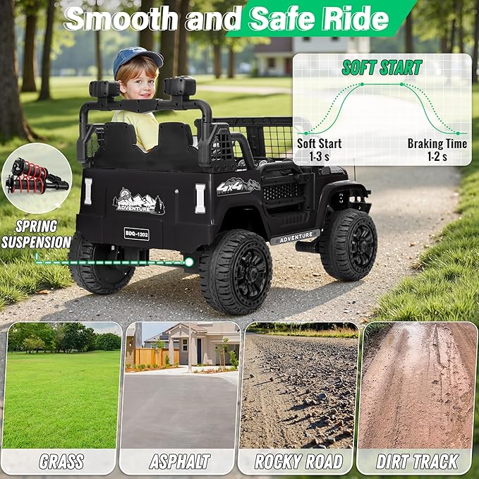 2 Seater Ride On Car Truck with Remote Control XL, Kids 24V Battery Powered Electric Vihicle w/21 in Seat, 3 Speeds, 2WD/4WD Switichable, Shock Absorbers,Bluetooth, Flower, Gift Choice