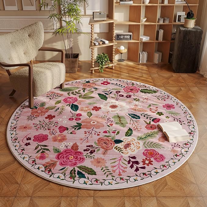 Rugcomf Round Rug 6ft Washable Circle Rug Non Slip Low Pile Boho Floral Small Circular Rug for Bedroom, Bathroom, Entryway, Kids Room, Office, College Dorm(Pink)