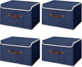 ANMINY 4PCS Storage Bins with Lid PU Leather Handles Storage Boxes PP Plastic Board Decorative Foldable Lidded Cotton Linen Fabric Home Cubes Baskets Closet Organizer Containers - Blue, Large Size